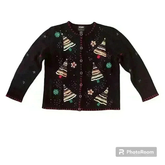 Vintage Christmas Beaded Sequin Sweater Cardigan Size Medium Ugly Christmas - Picture 1 of 15